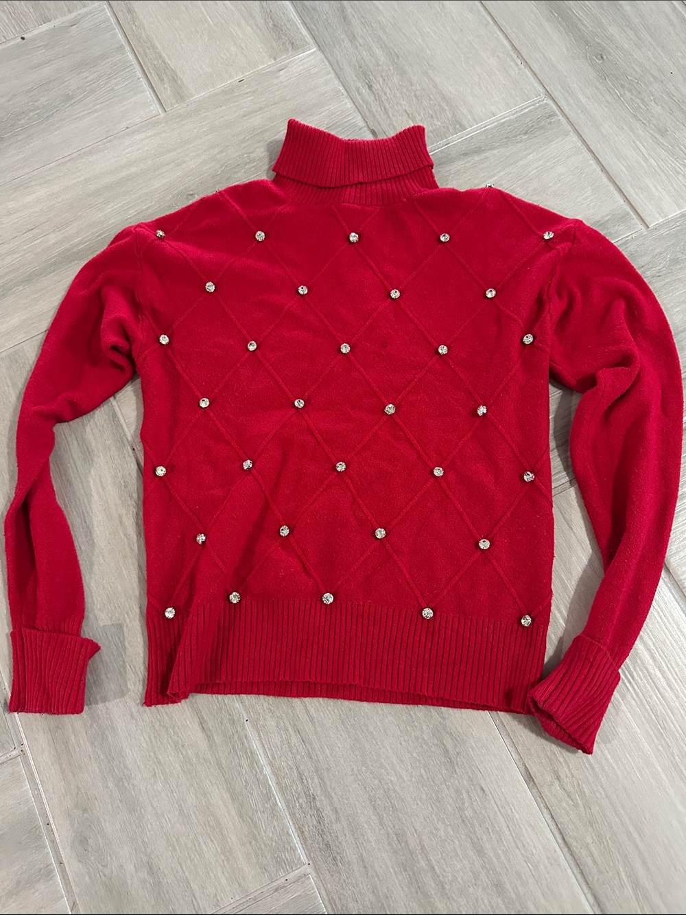 Date Night. Red Turtleneck Sweater with Rhinestone Embellishments